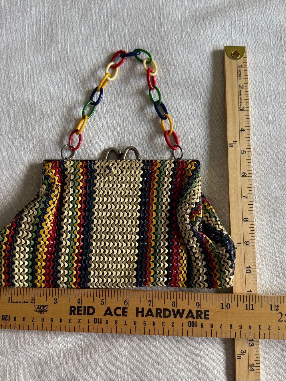 Vtg Top Handle Bag Womens Small Striped Chain Strap Kiss Lock Festival Boho - Picture 8 of 8
